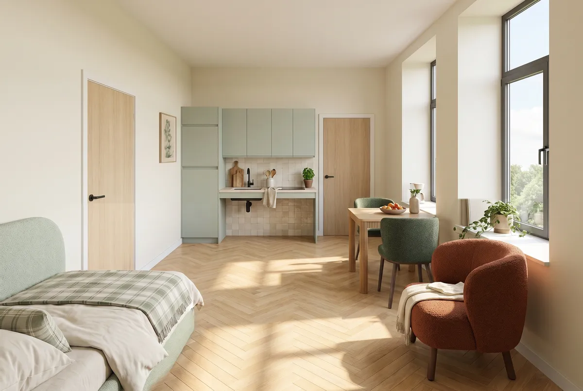 Vue d'ensemble du T1 adapté : à gauche le lit, au fond la kitchenette vert sauge avec un espace libre sous l'évier, à droite la table et ses deux chaises devant les grandes fenêtres, et un fauteuil terracotta. Le passage reste libre au centre de la pièce.